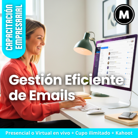 Cómo gestionar el tiempo frente a los emails en el trabajo; Curso de clasificación y priorización de correos electrónicos; Capacitación para escribir correos electrónicos ágiles y efectivos; Entrenamiento en protocolo práctico de emails internos para empresas, Reducir el estrés laboral causado por los emails; Mejorar la comunicación interna y la colaboración con emails eficientes; Consejos para la longitud ideal de correos electrónicos corporativos; Taller de optimización de la bandeja de entrada para la productividad